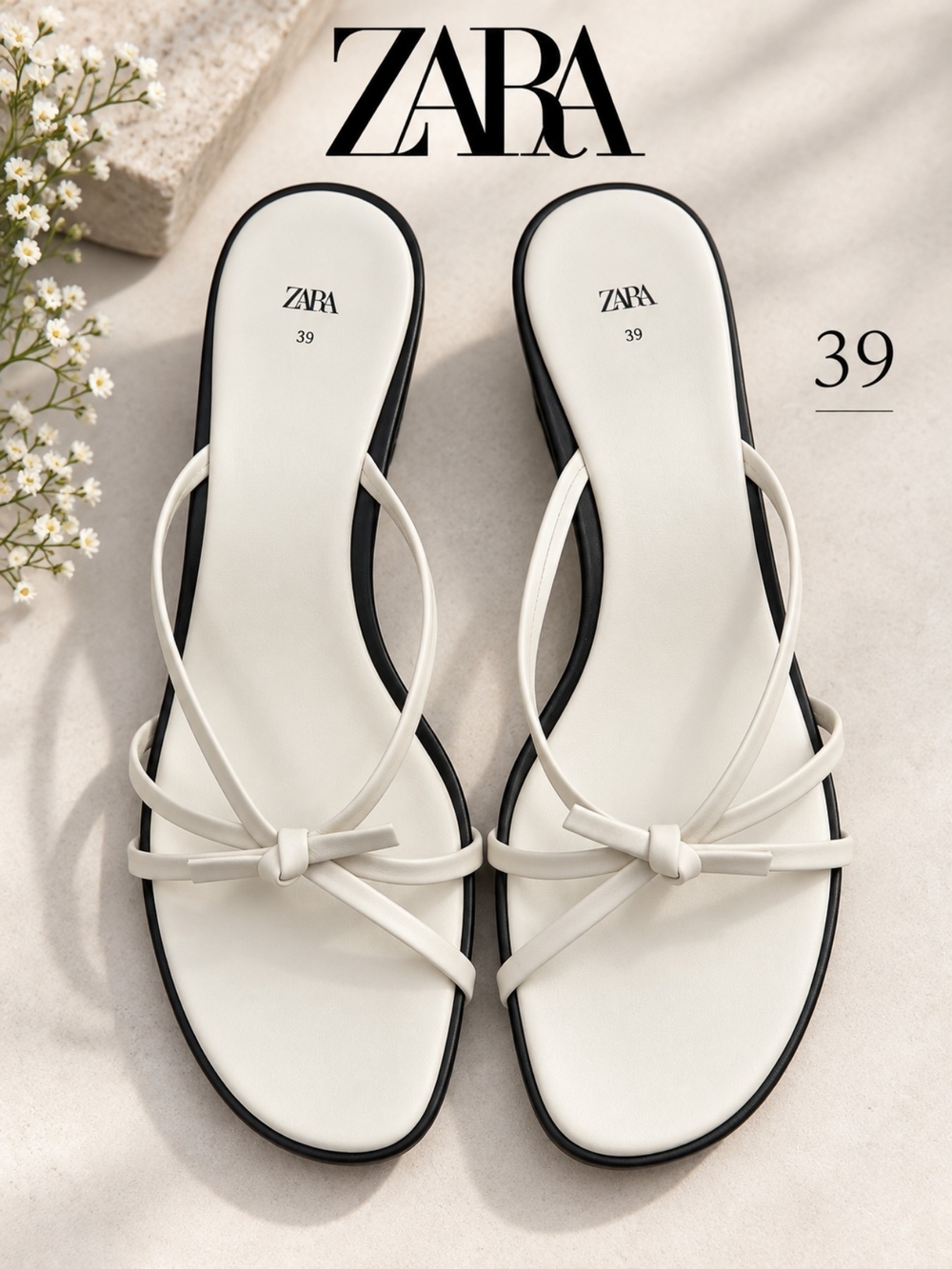 Zara Minimalist Cream Knot-Tie Strappy Slide Sandals, Kitten Heels, Size 39